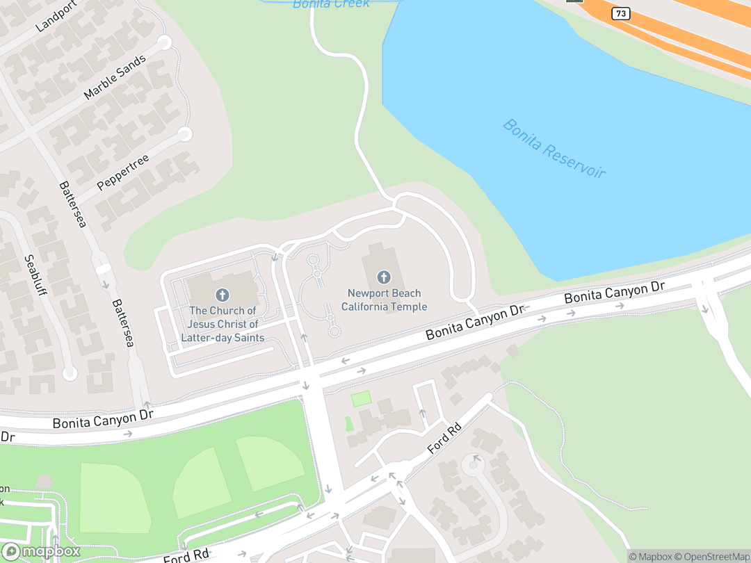 Map showing Newport Beach California Temple and surrounding area