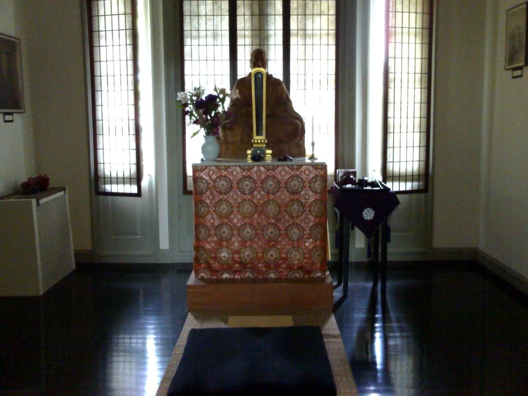 Interior view of the meditation altar and zafu cushion