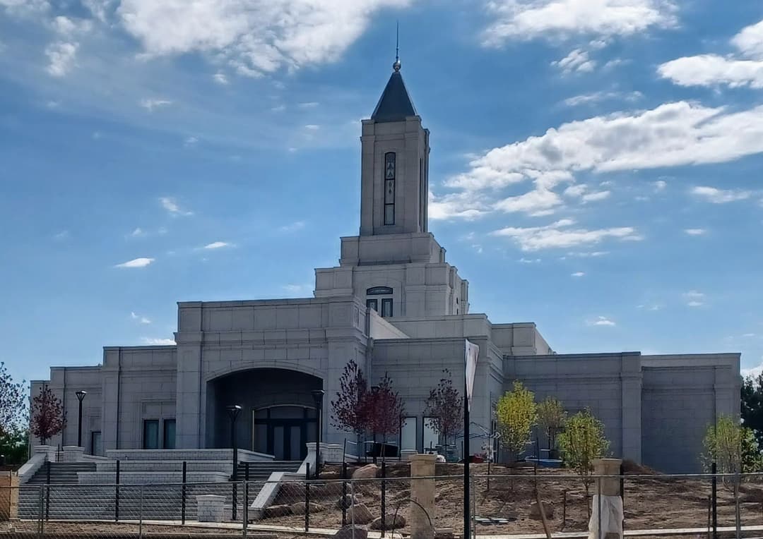 Grand Junction Colorado Temple exterior, front view with spire.