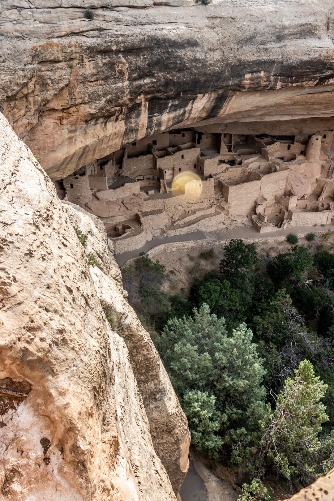 High-angle view looking down at the Cliff Palace cliff dwelling.