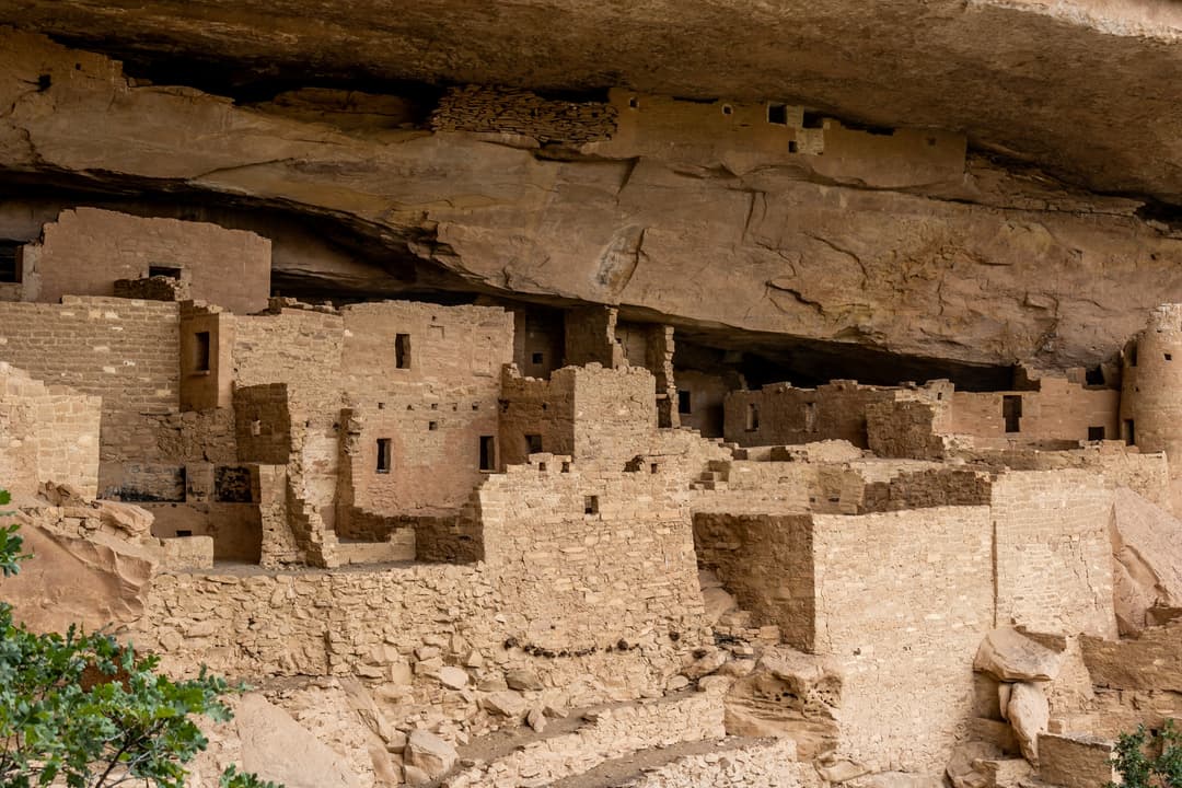 Sandstone masonry dwellings built into a natural cliff alcove at Cliff Palace.