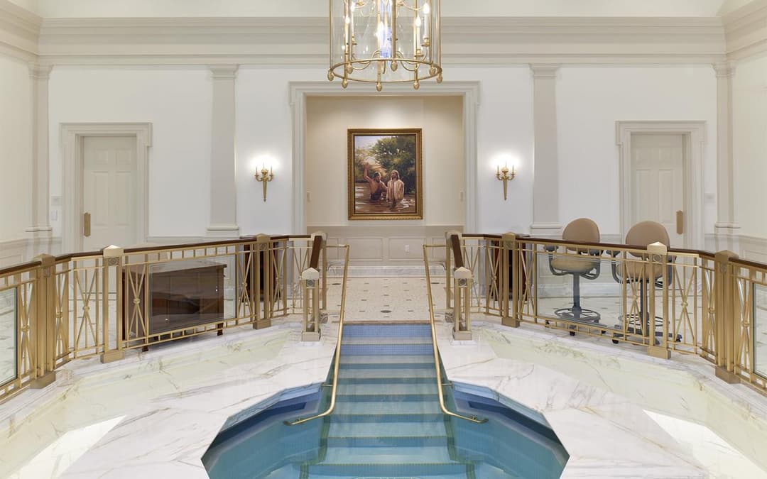 Hartford CT Temple interior: baptismal font, painting of Jesus.