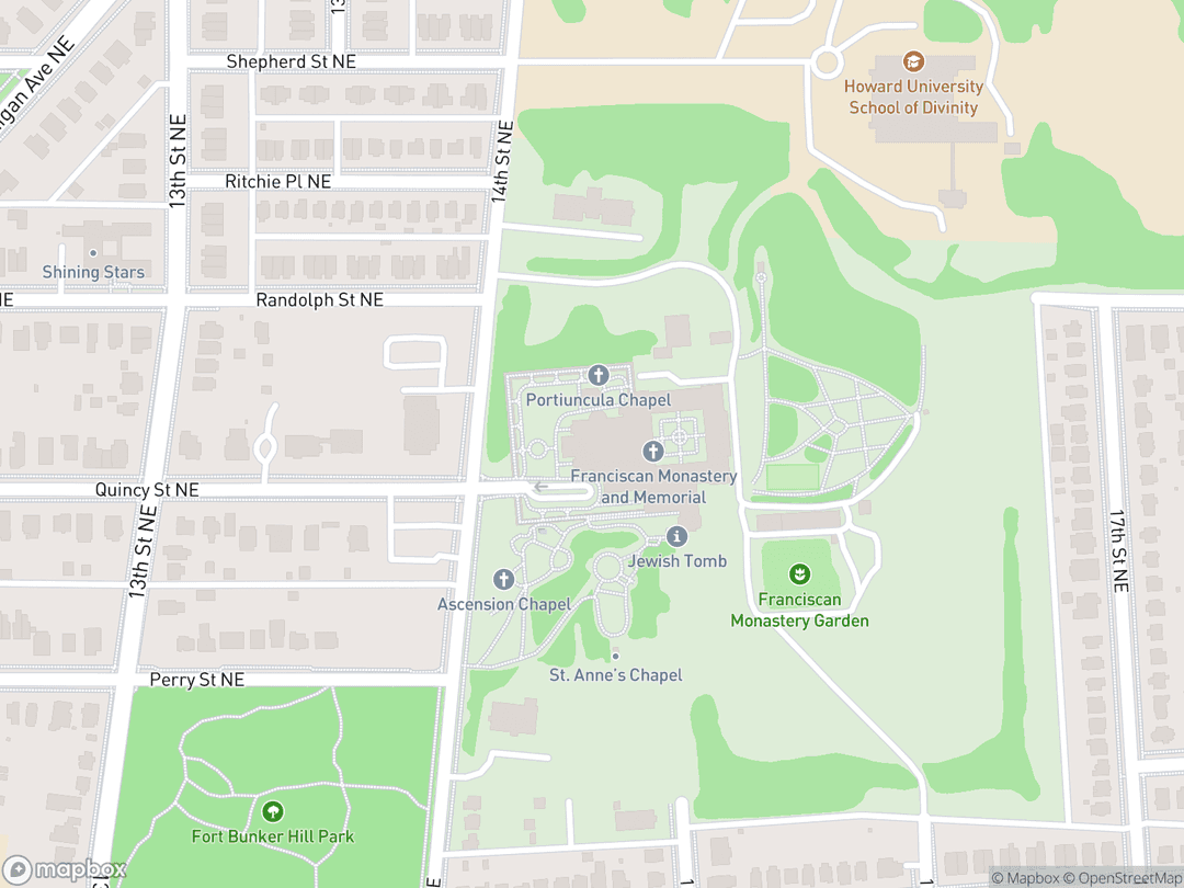 Map showing Franciscan Monastery of the Holy Land in America and surrounding area