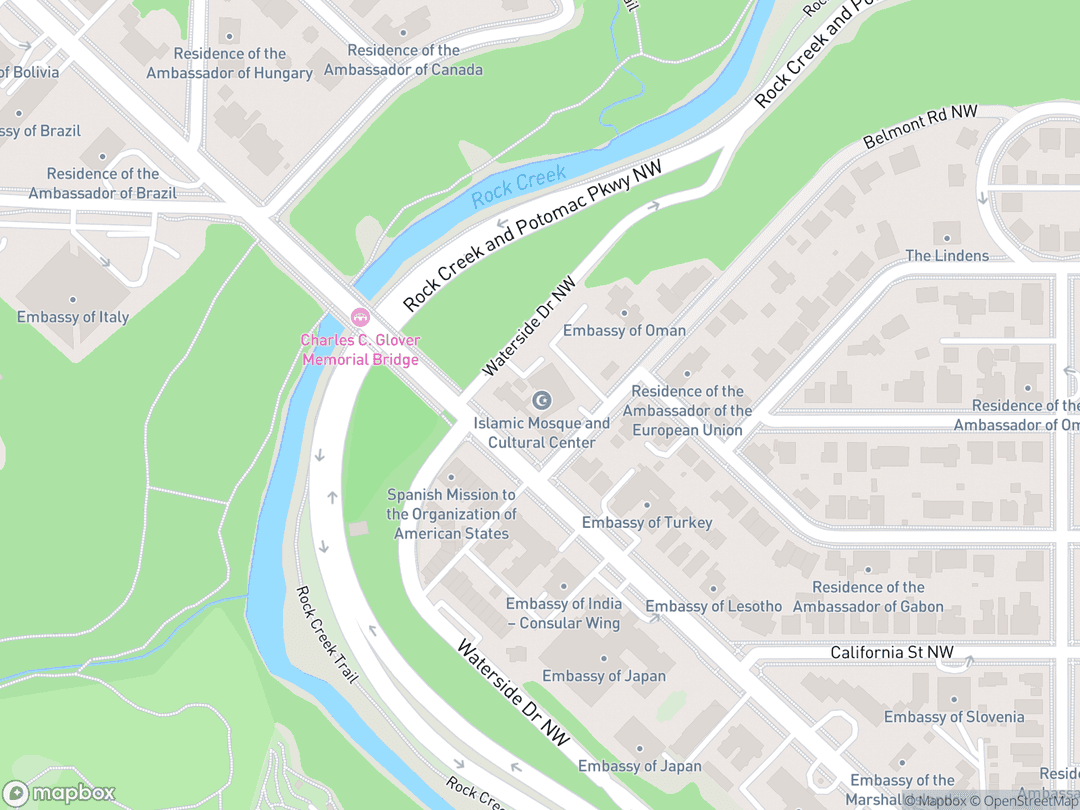 Map showing Islamic Center of Washington D.C. and surrounding area