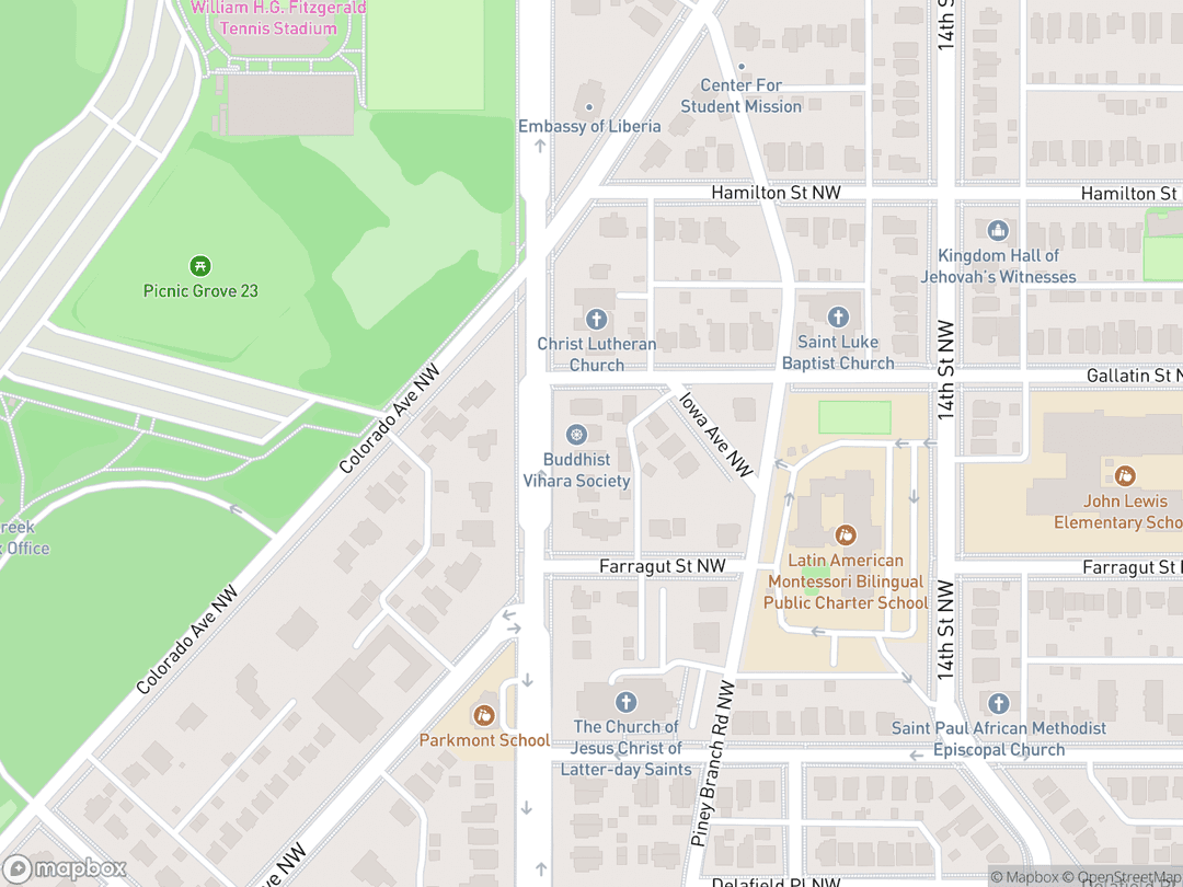 Map showing Washington Buddhist Vihara and surrounding area