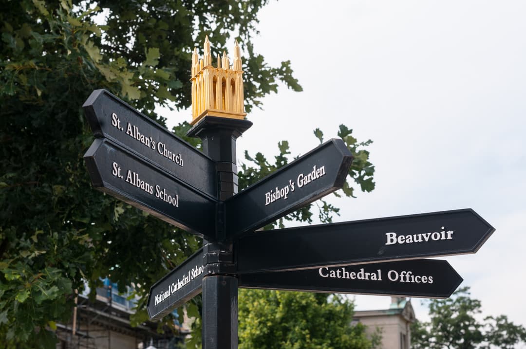 Directional signpost on the grounds of Washington National Cathedral.
