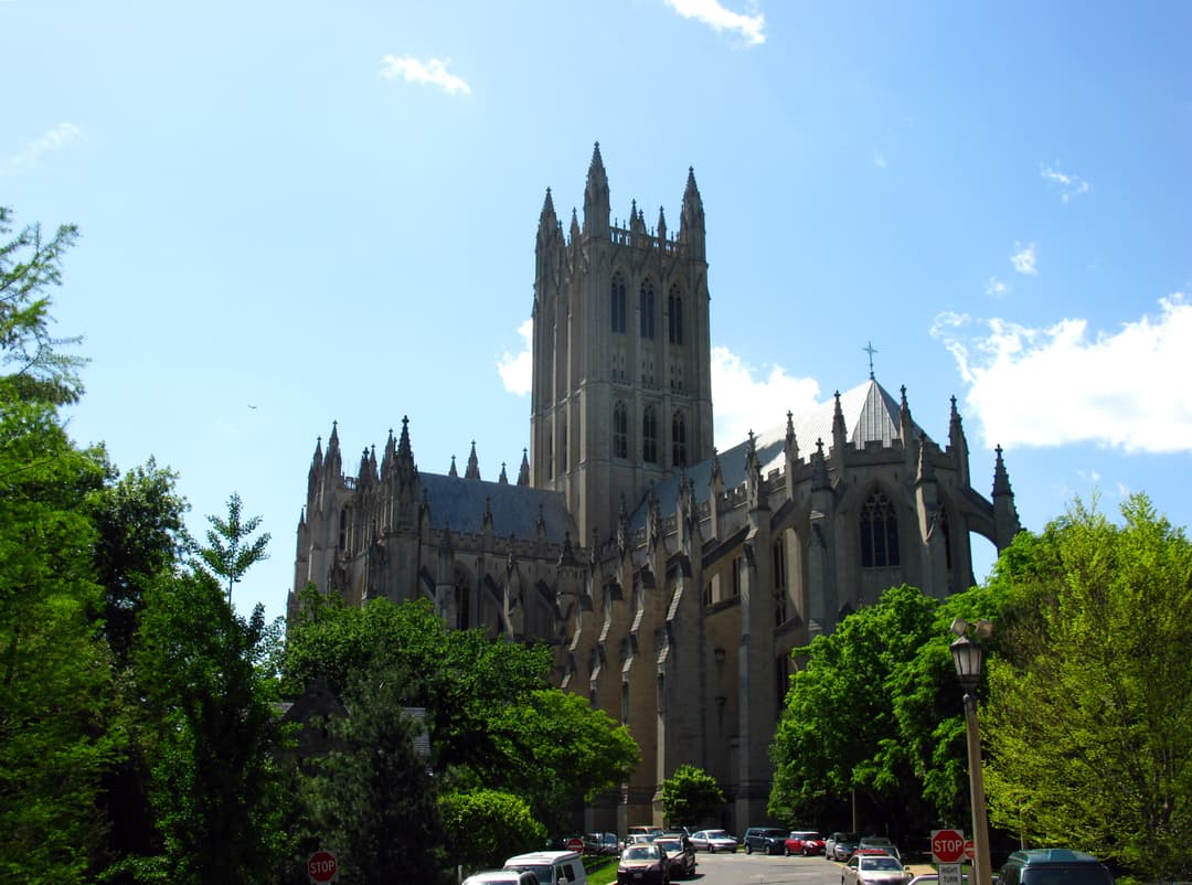 Exterior view of the Washington National Cathedral and its central tower.