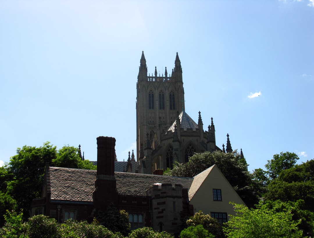 Low-angle view of the Gloria in Excelsis Tower from the cathedral grounds.