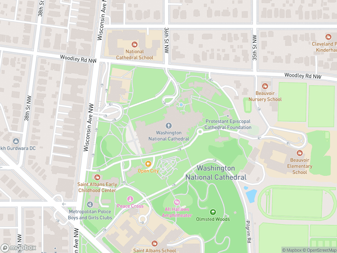 Map showing Washington National Cathedral and surrounding area