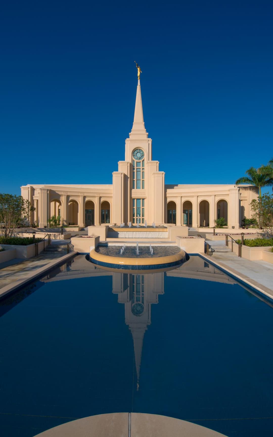 Fort Lauderdale Florida Temple, front exterior with reflection pool and spire.