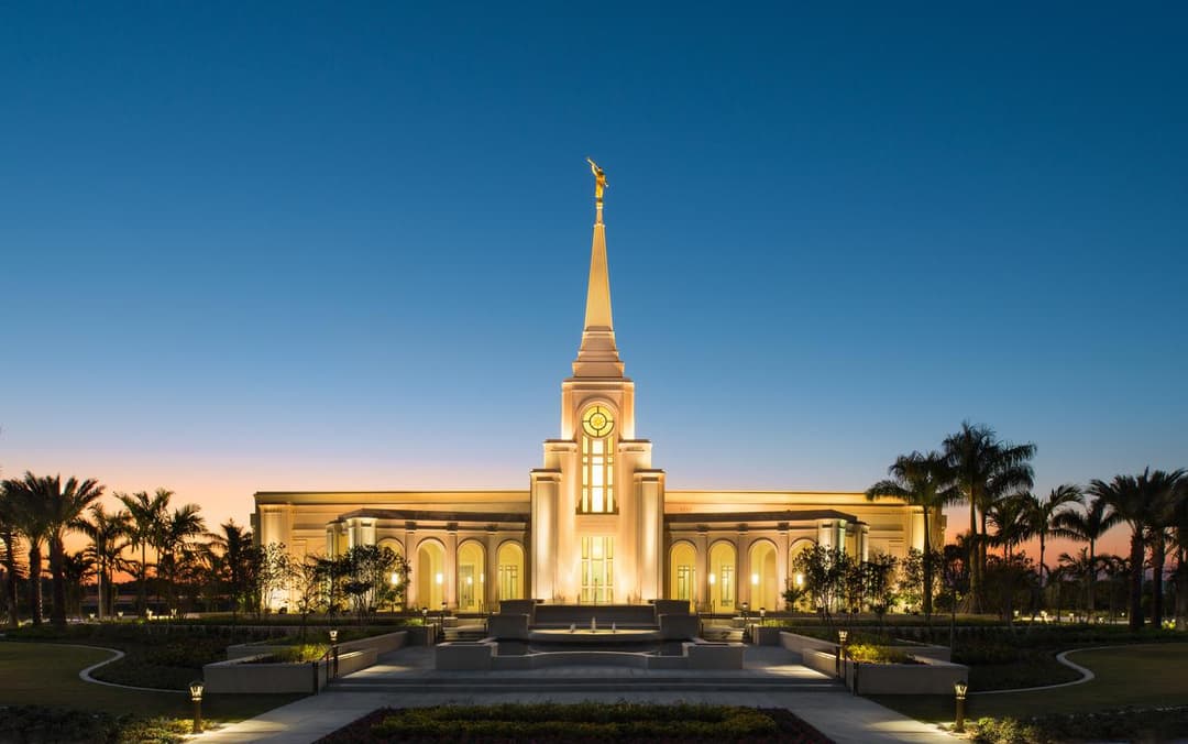 Fort Lauderdale Florida Temple at twilight, front view with Angel Moroni.