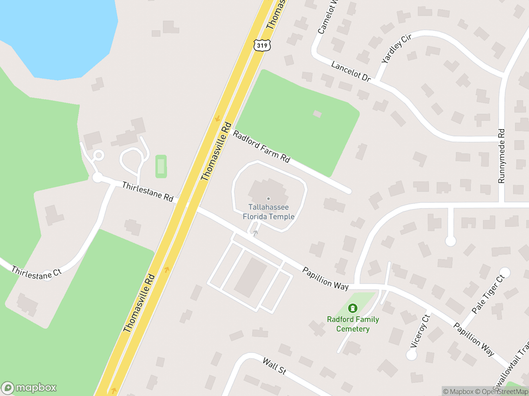 Map showing Tallahassee Florida Temple and surrounding area