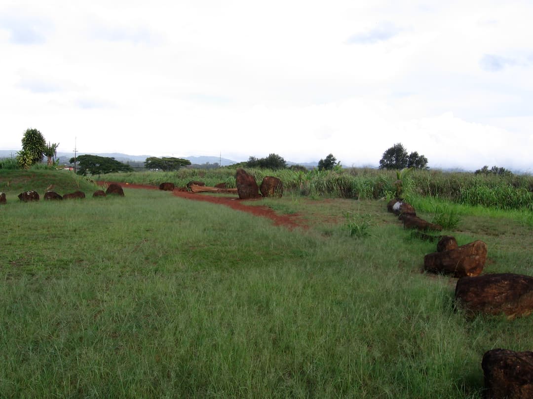 Wide angle view of volcanic basalt boulders and red soil paths in open field.