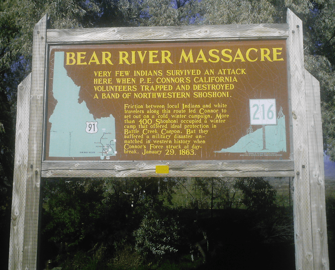 Idaho historical marker sign detailing the Bear River Massacre.
