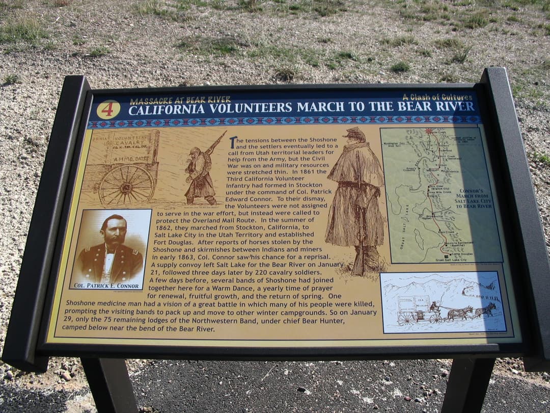 Interpretive sign detailing the California Volunteers march to Bear River.