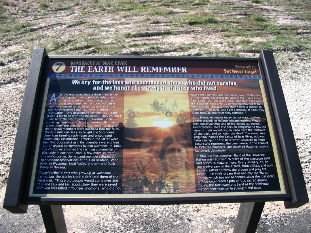 Interpretive sign on the grounds of the Bear River Massacre site.