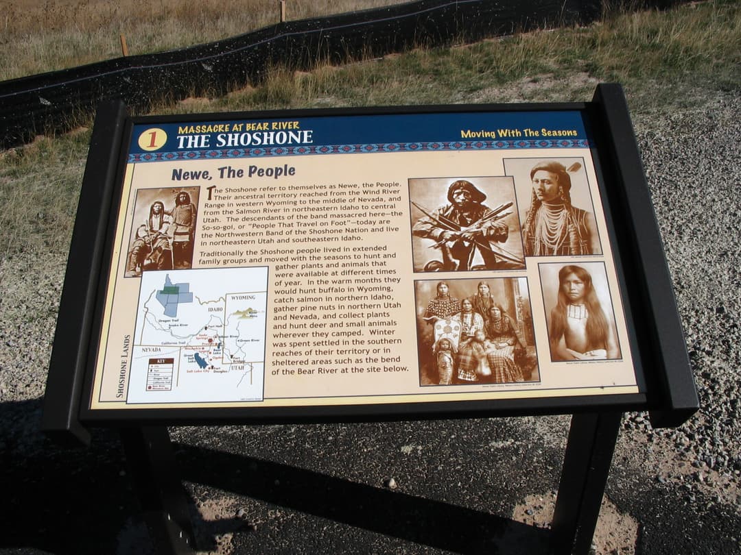Interpretive sign about Shoshone history at the Bear River Massacre site.