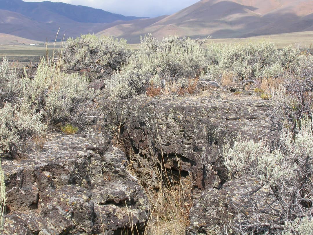 Basalt rock fissure surrounded by sagebrush and distant mountains.