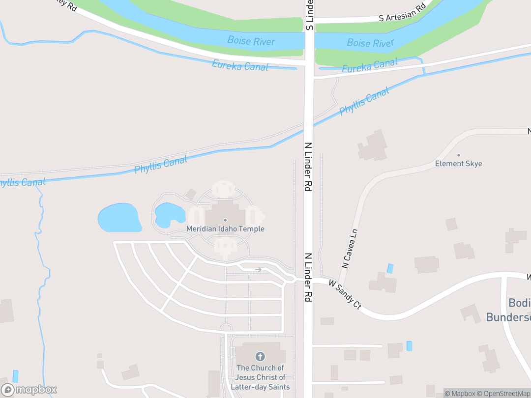 Map showing Meridian Idaho Temple and surrounding area