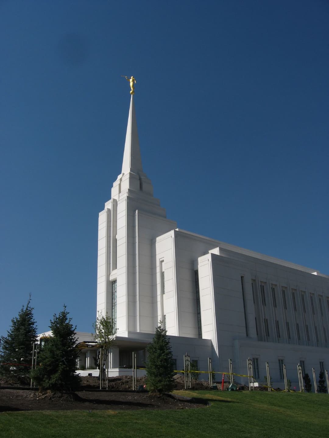 Low-angle exterior of Teton River Idaho Temple with Angel Moroni.