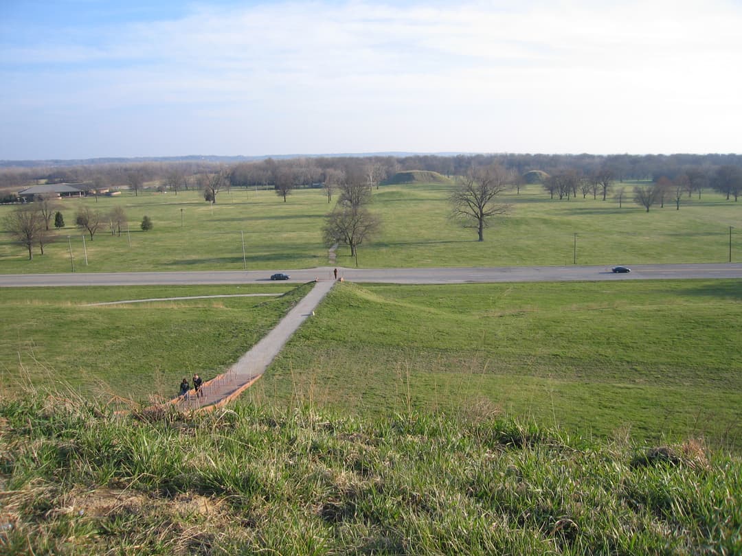Elevated view from Monks Mound looking across the site grounds.