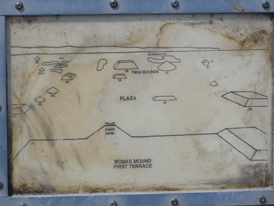 Interpretive site map showing the plaza and mound layout.