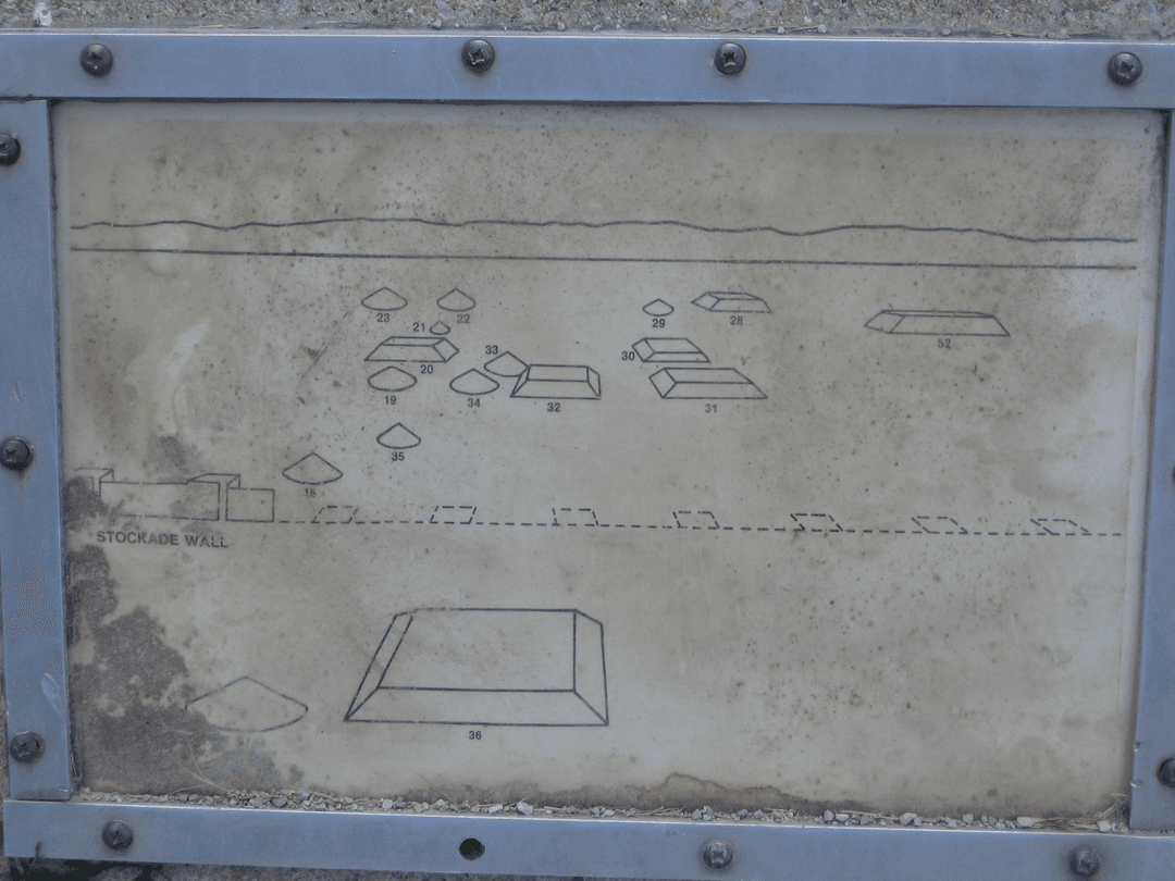 An outdoor interpretive sign showing a diagram of the Cahokia Mounds layout.