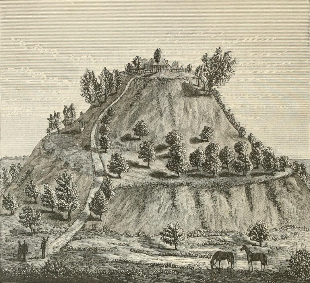 Historic engraving of Monks Mound with a house on the summit.