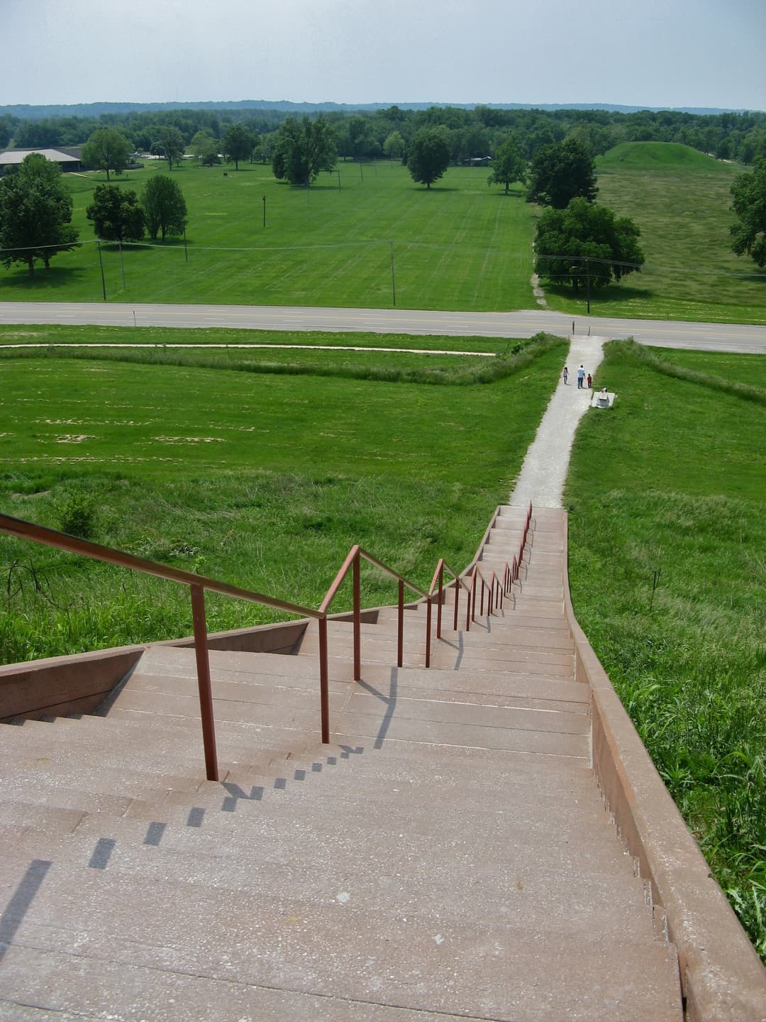 High-angle view looking down the staircase from the summit of Monks Mound.