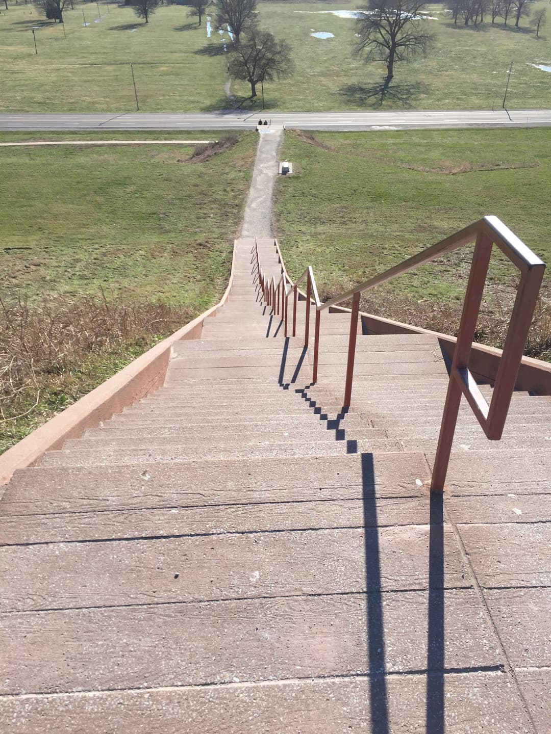 High-angle view looking down the Monks Mound staircase.