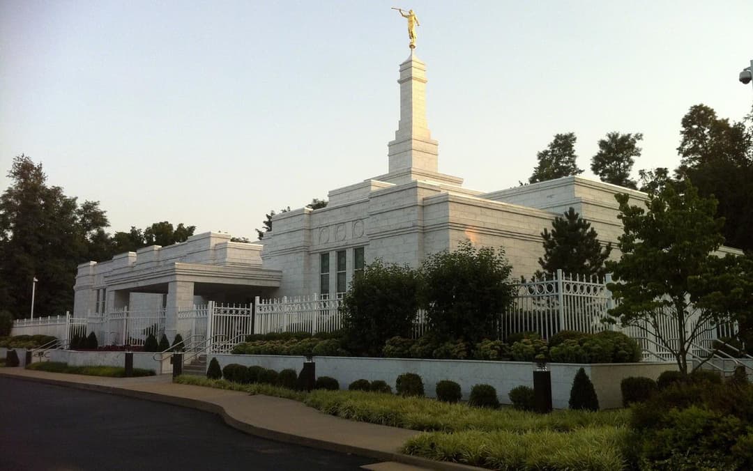 Angled exterior view of the Louisville Kentucky Temple and central spire.