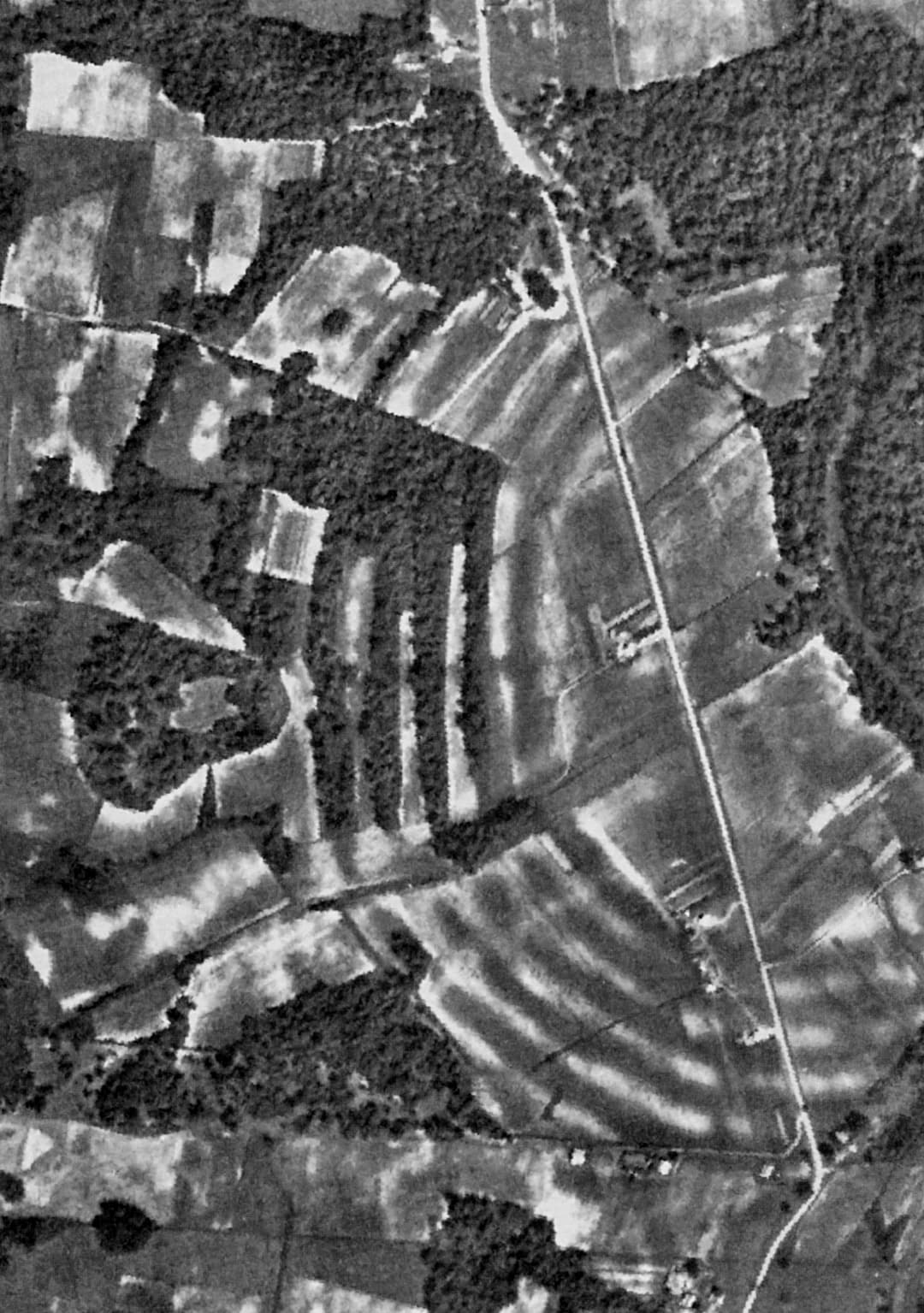 Historic aerial view of the concentric earthwork ridges at Poverty Point.