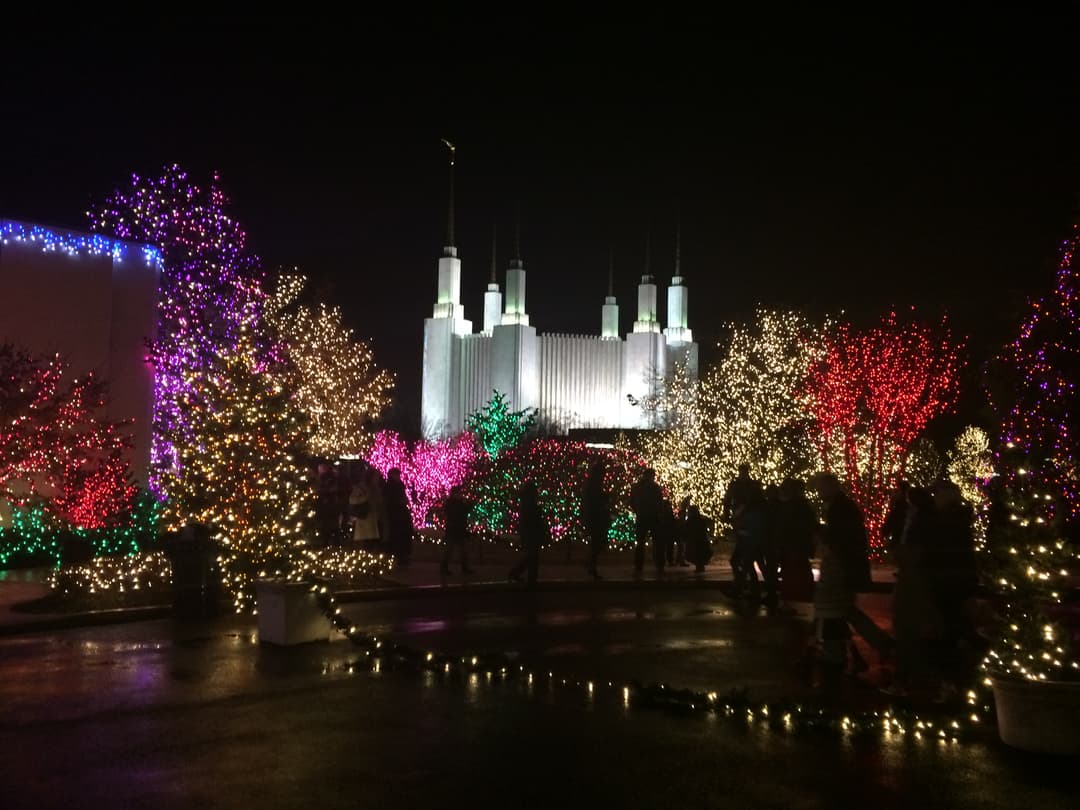 Washington D.C. Temple at night, festive lights illuminate grounds & visitors.