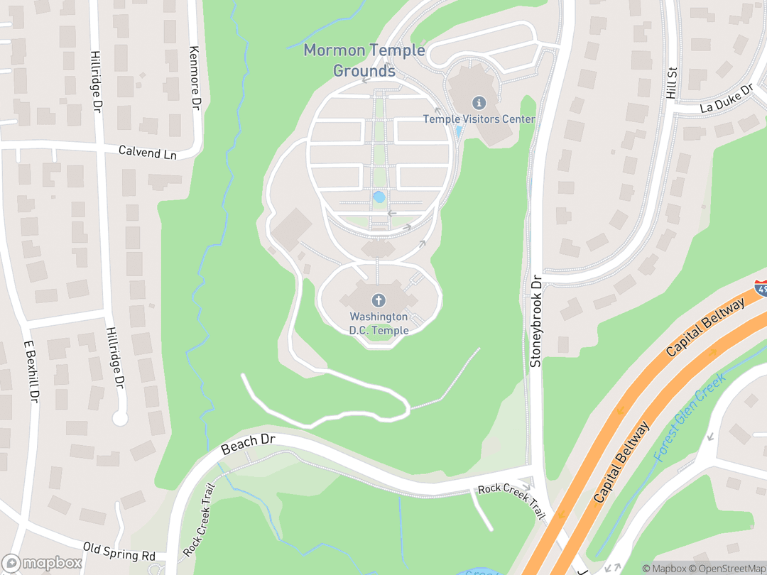 Map showing Washington D.C. Temple Visitors' Center & Grounds and surrounding area