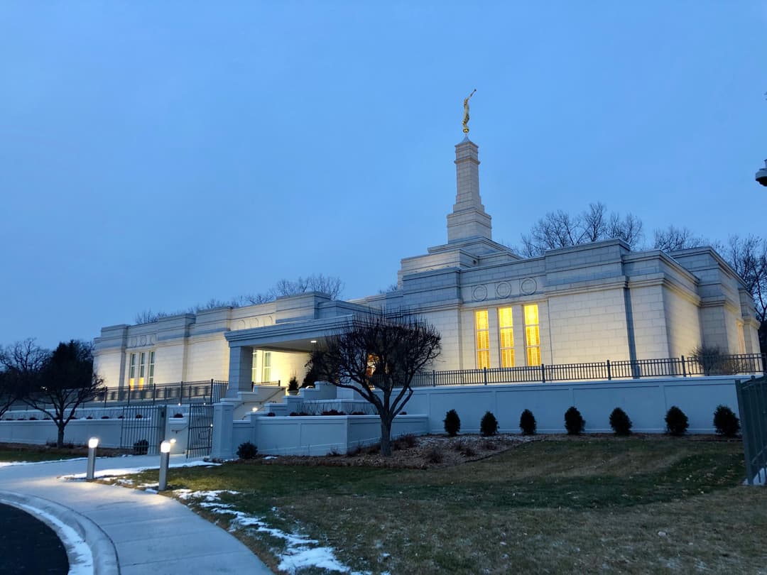 Exterior view of the St. Paul Minnesota Temple at twilight.