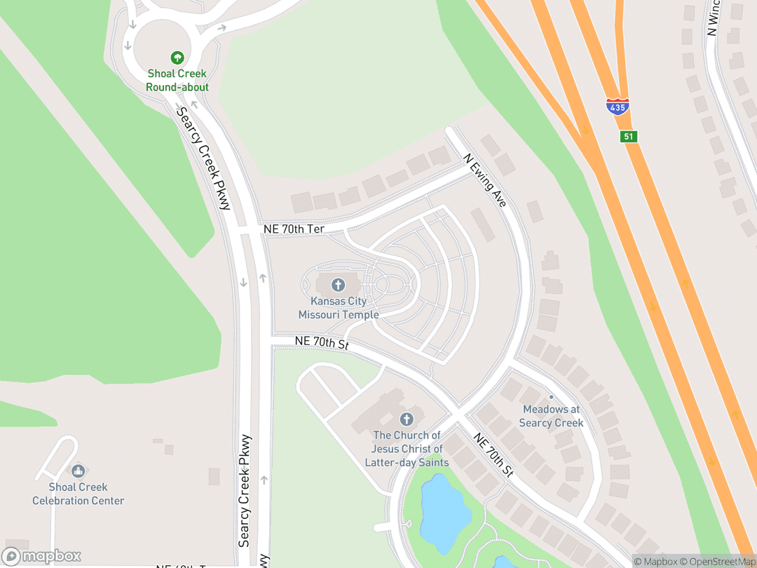 Map showing Kansas City Missouri Temple and surrounding area