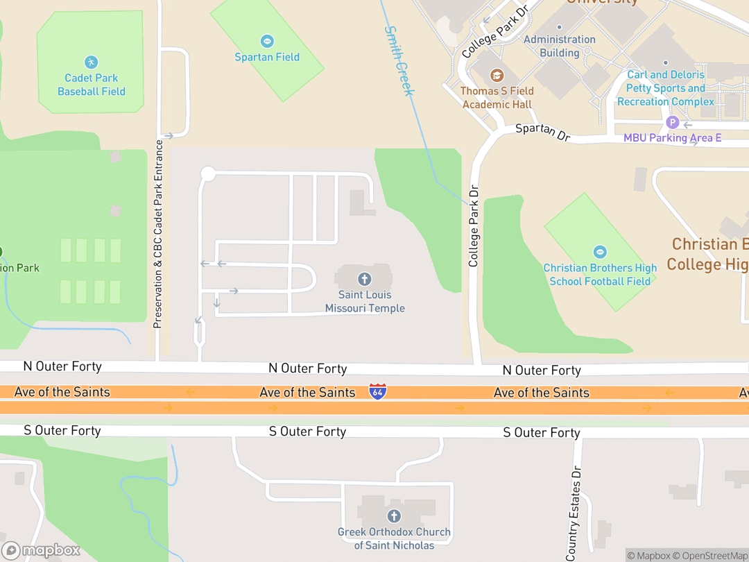 Map showing St. Louis Missouri Temple and surrounding area