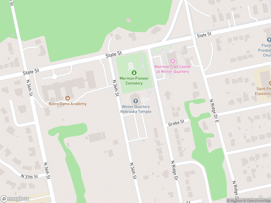 Map showing Winter Quarters Nebraska Temple and surrounding area