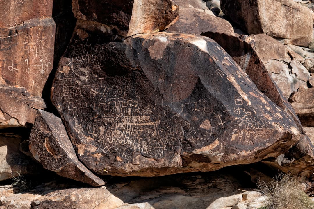 Ancient petroglyphs carved into desert varnish at Grapevine Canyon