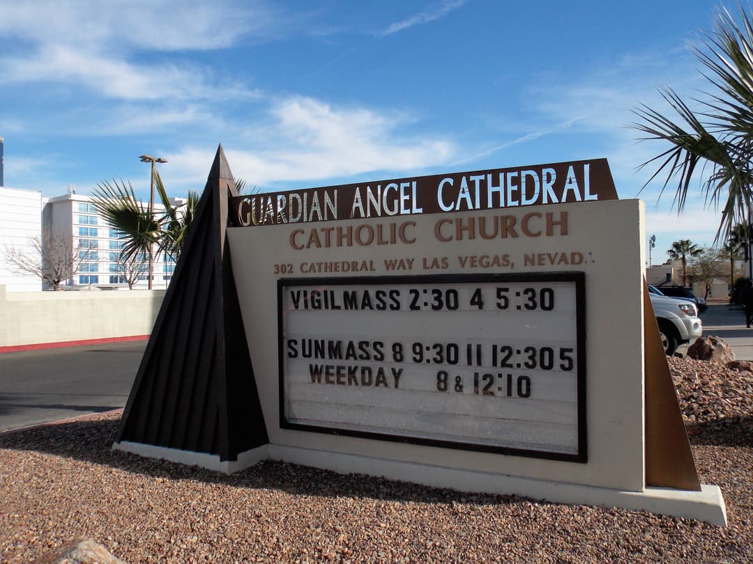 Exterior marquee sign at Guardian Angel Cathedral in Las Vegas.