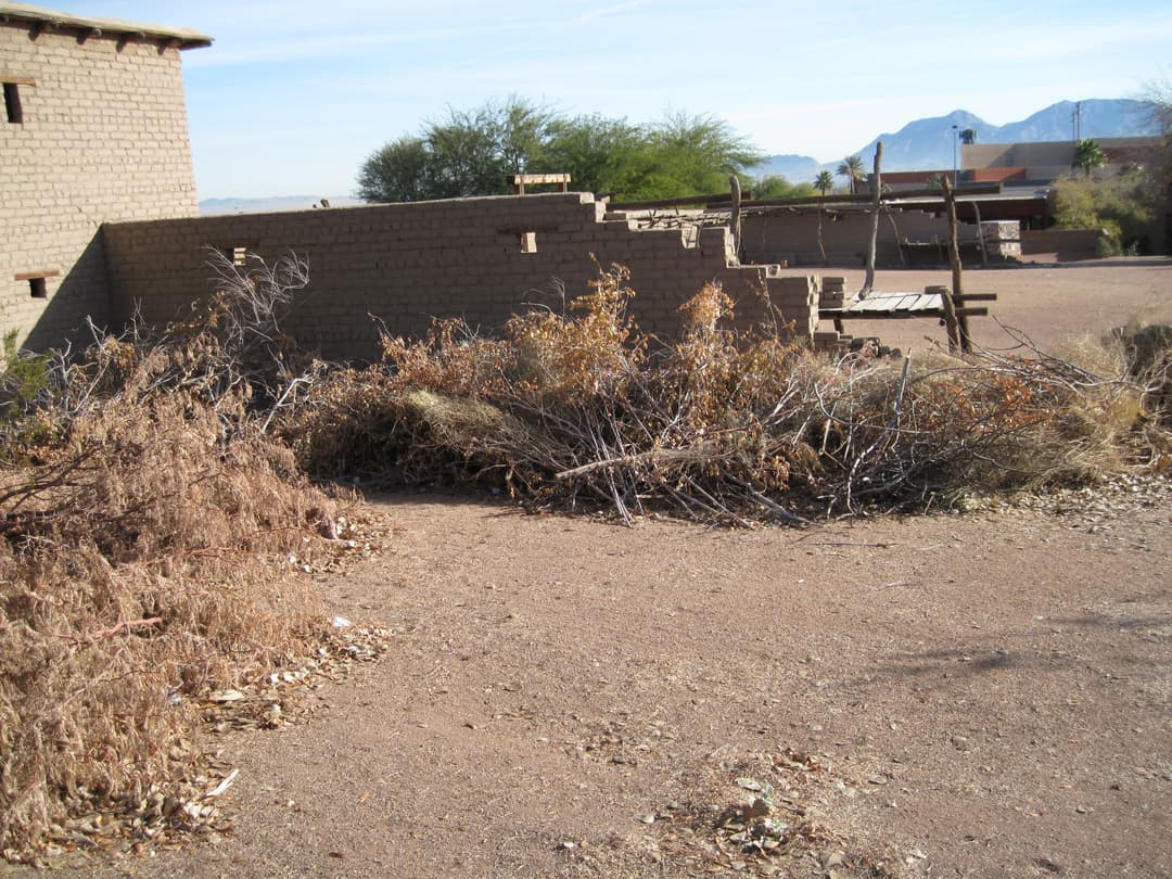 Adobe walls and dry brush in the fort courtyard.