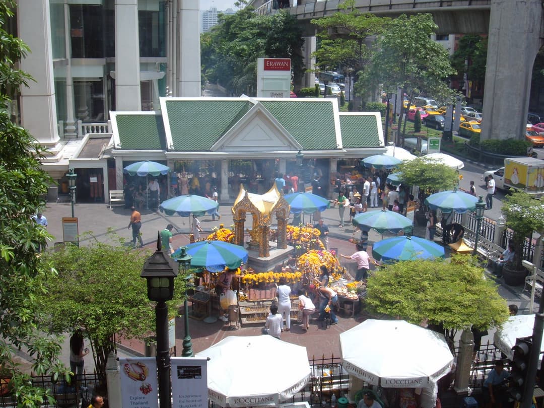 Elevated view of worshippers at the Erawan Shrine in Bangkok