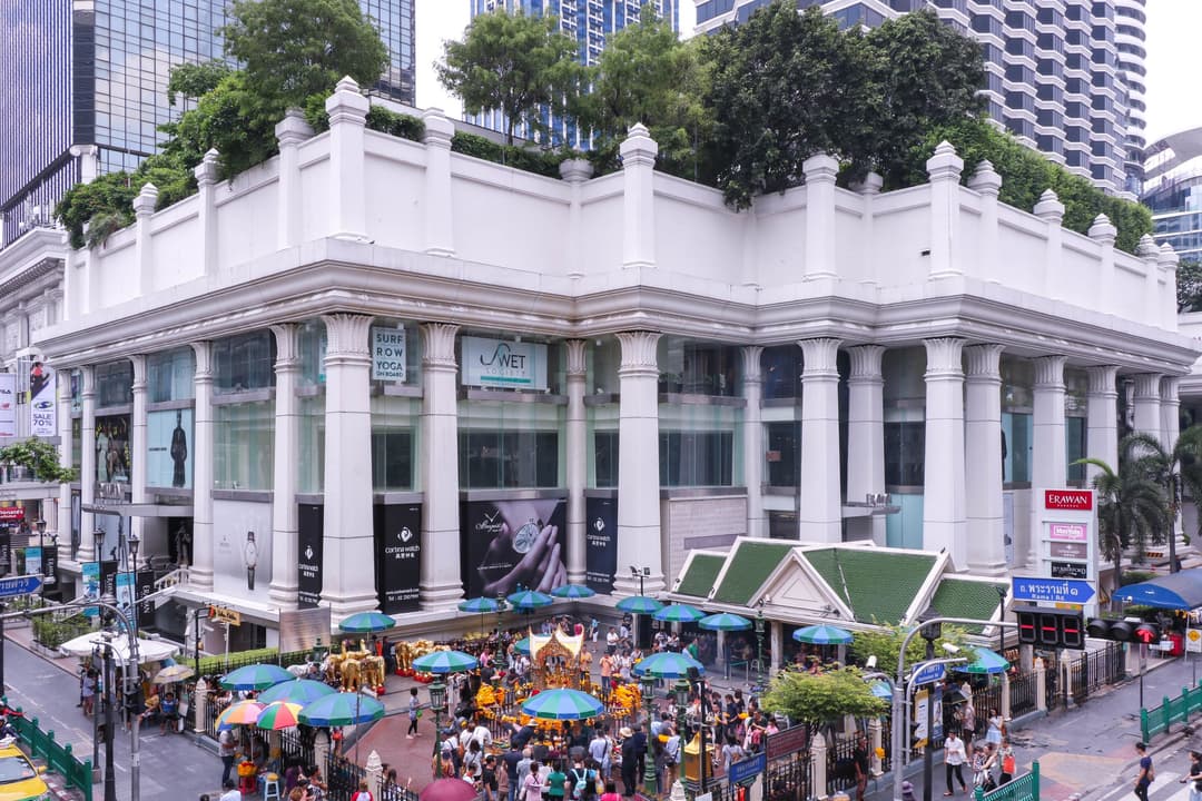 Elevated view of worshippers gathered at the Shrine of Phra Phrom