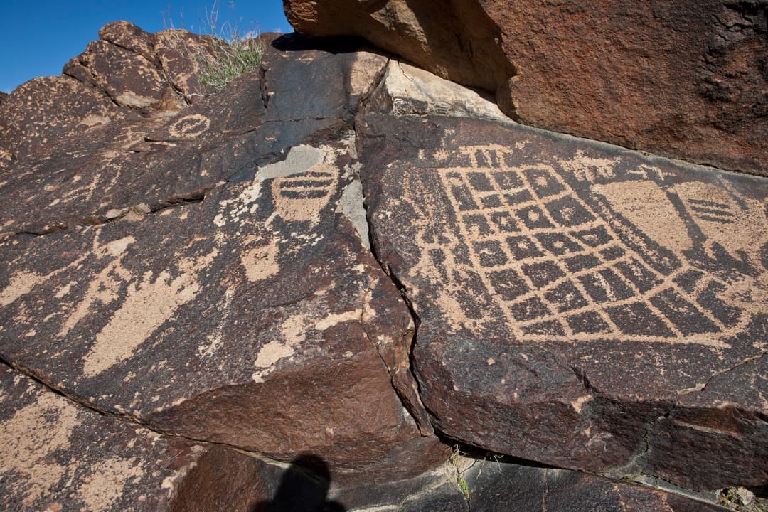 Close-up of geometric grid petroglyphs carved into dark volcanic basalt.