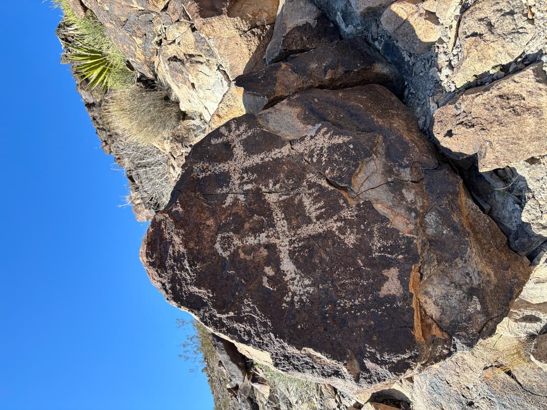 Petroglyphs carved into a volcanic boulder in bright daylight.