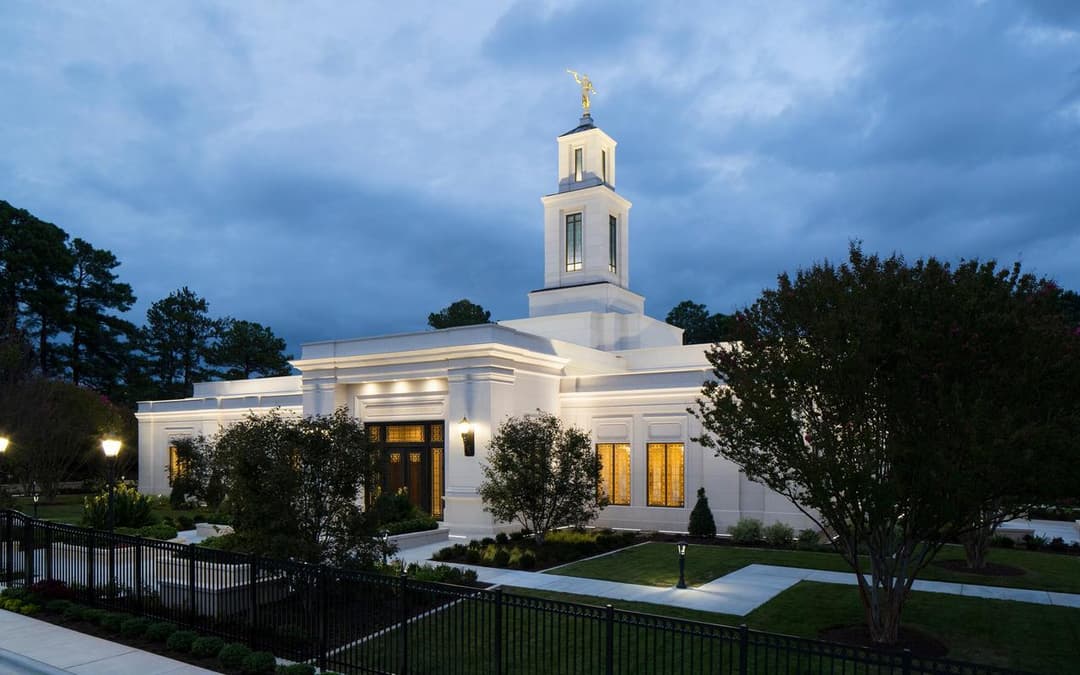 Exterior view of the Raleigh North Carolina Temple at twilight.