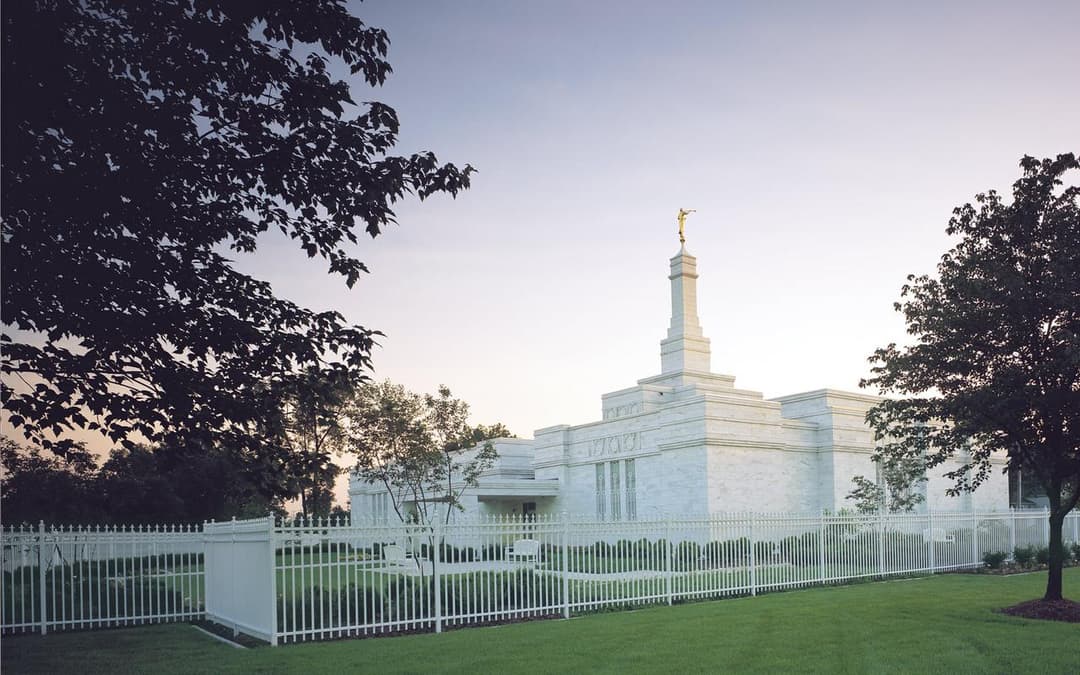 Wide-angle exterior of the Columbus Ohio Temple at twilight.
