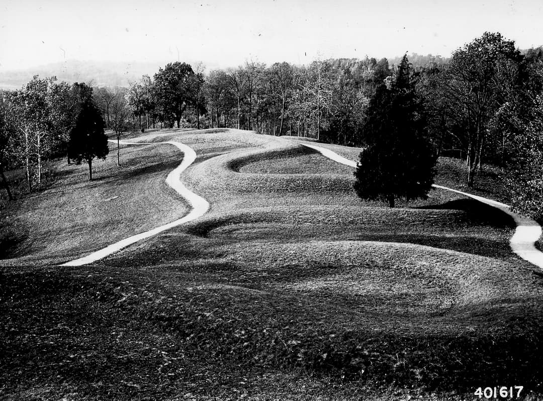 Grounds view of the winding earthwork coils and footpaths at Serpent Mound.