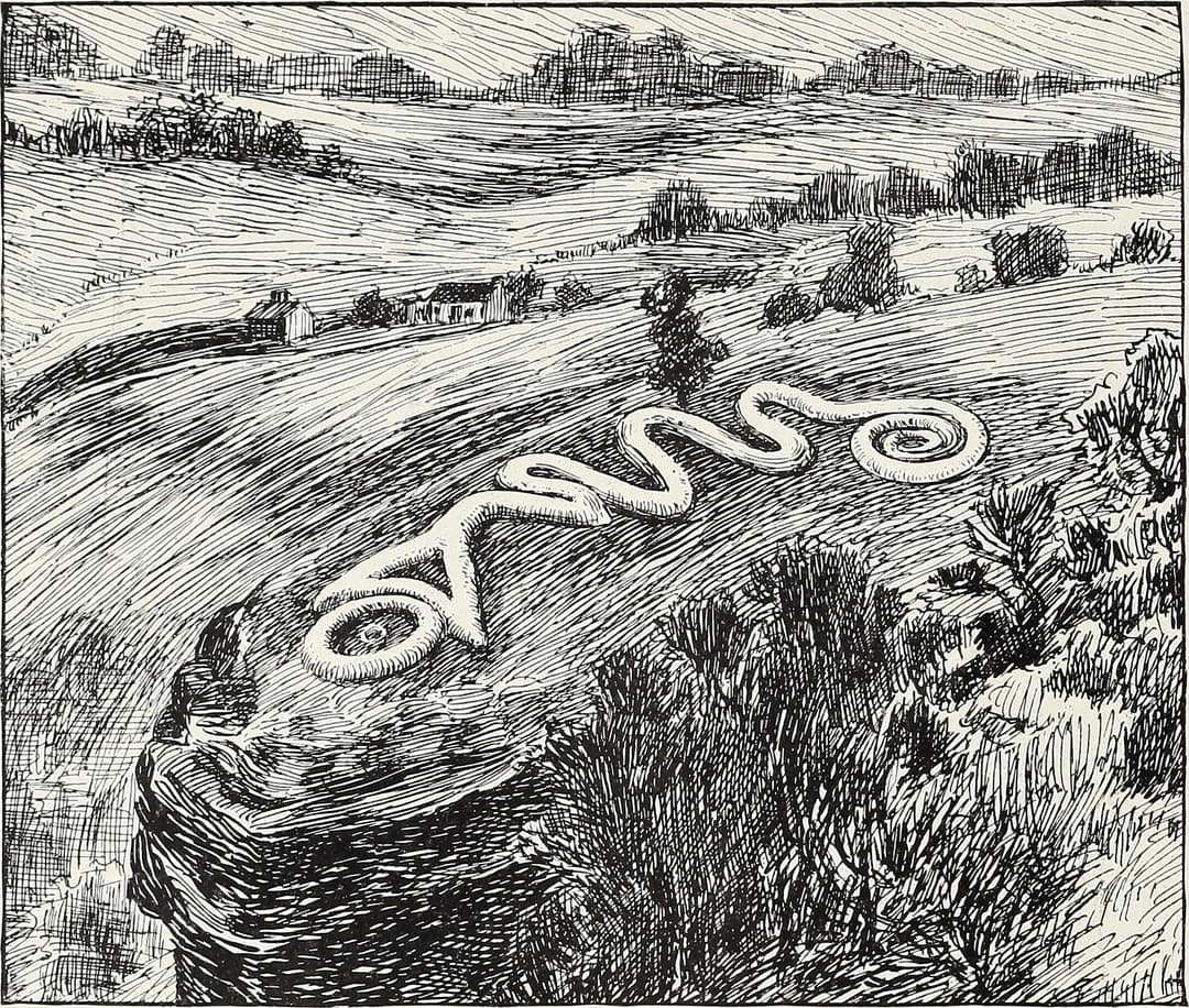 Historical illustration of the Great Serpent Mound earthwork on a bluff.
