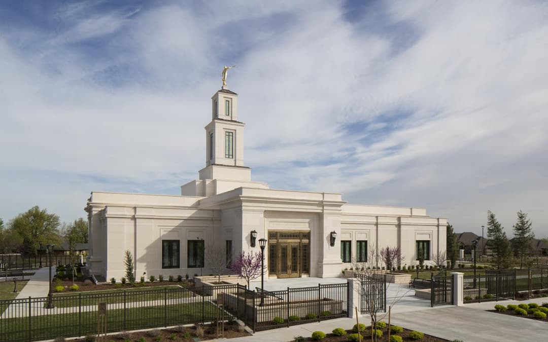 Oklahoma City Oklahoma Temple exterior, front-left view with spire.